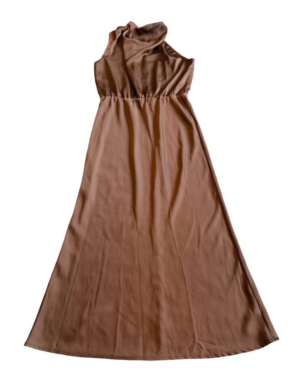 Pretty Garden Brown Sleeveless Satin Dress Midi Length High Neck Size Medium NWT